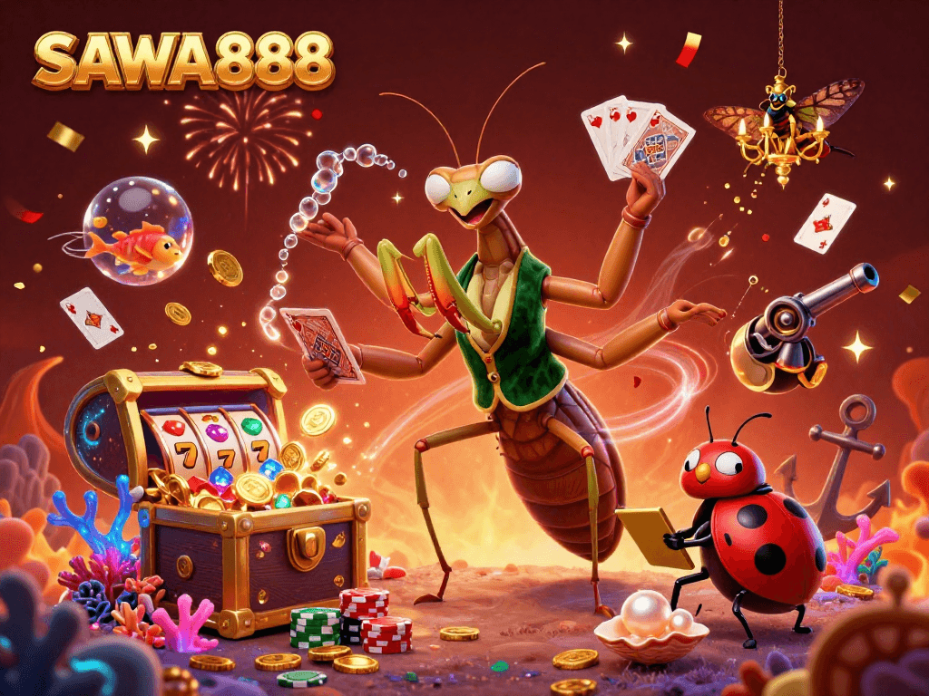 The vibrant SAWA888 gambling scene features a giant praying mantis card sharp and ladybug pit boss surrounded by slot reels, chips, and festive confetti.