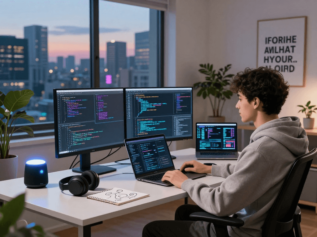 Dynamic tech workspace showcasing 18+ ai development with dual monitors and creative environment.