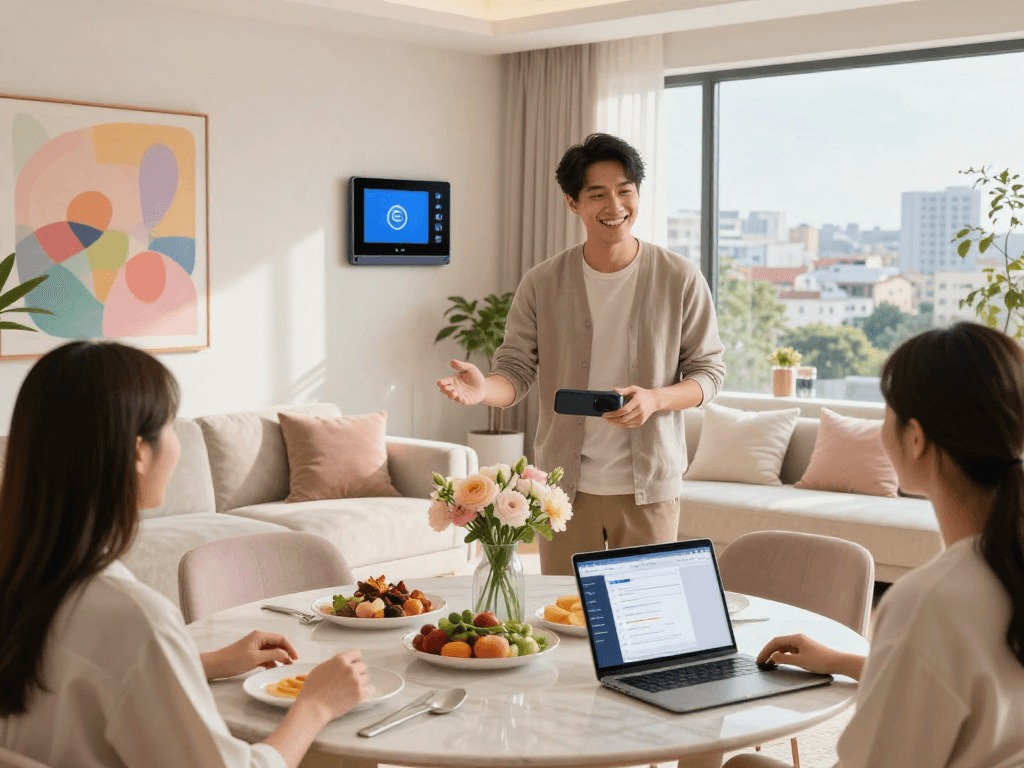 Stylish Airbnb host explaining how much does airbnb take from hosts with guests in a chic living room, vibrant and inviting atmosphere.
