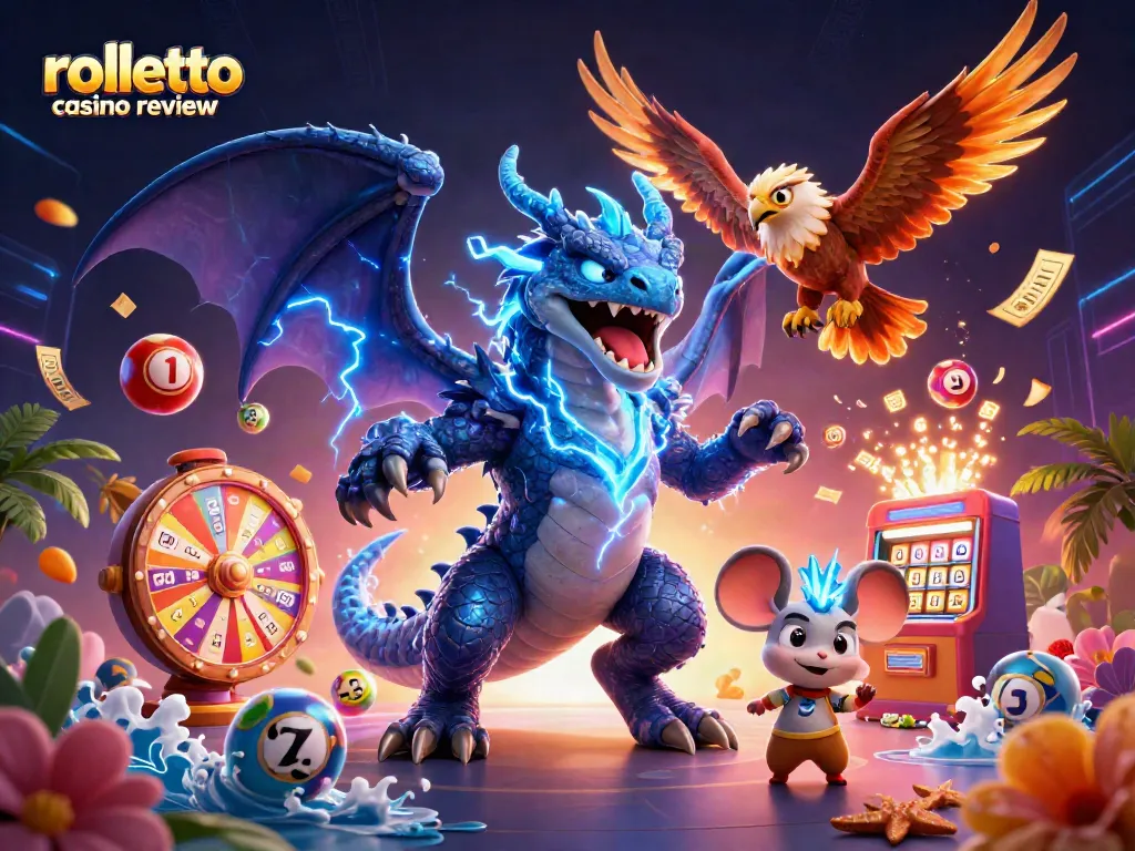 Engage with the Rolletto Casino review showcasing vibrant characters and exciting game elements dynamically flying around.