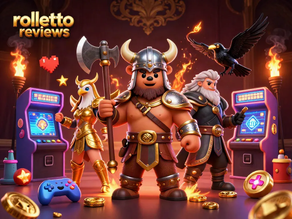 Engage with rolletto reviews showcasing a Viking bear and Valkyrie in a vivid casino scene.