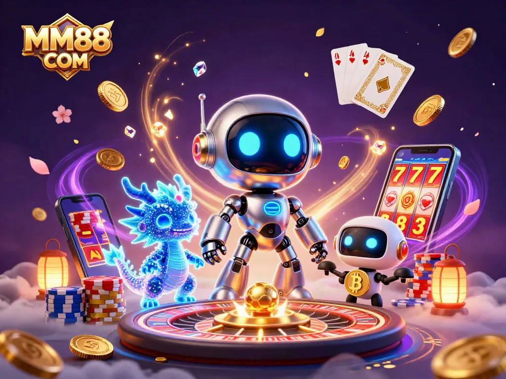 Spin the reels with MM88 COM in this dynamic 3D casino illustration featuring robots and dragons.