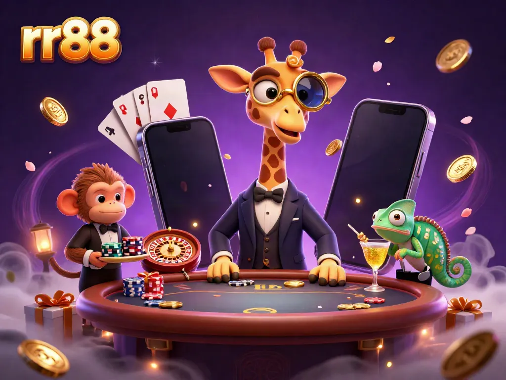 Experience the excitement of rr88 with a high-roller giraffe at a poker table, amidst dynamic casino elements.