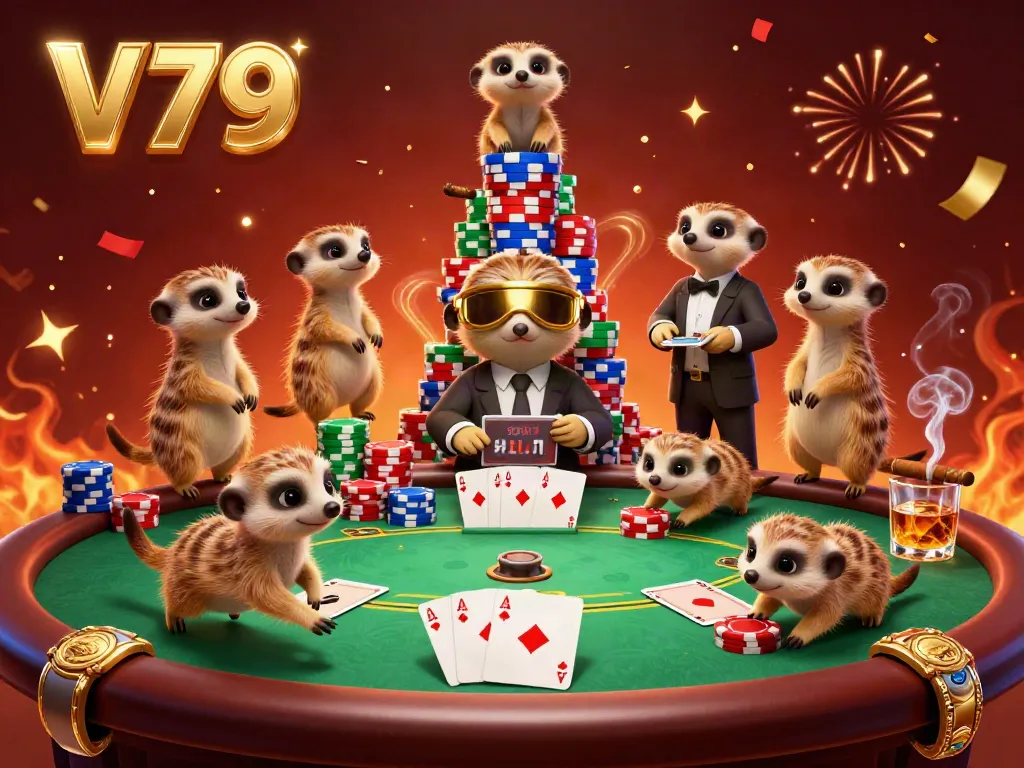Experience the excitement of the V79 casino with meerkats at a vibrant poker table, showcasing an energetic gaming atmosphere.