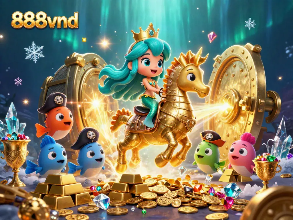 Experience thrilling gameplay with 888vnd as a mermaid princess rides a golden seahorse surrounded by treasures.