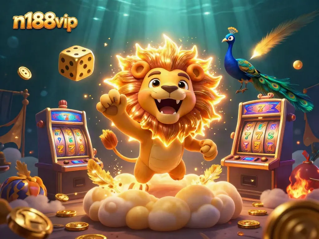 Experience thrilling slots with n188vip in a vibrant 3D casino scene, featuring a roaring sun lion.