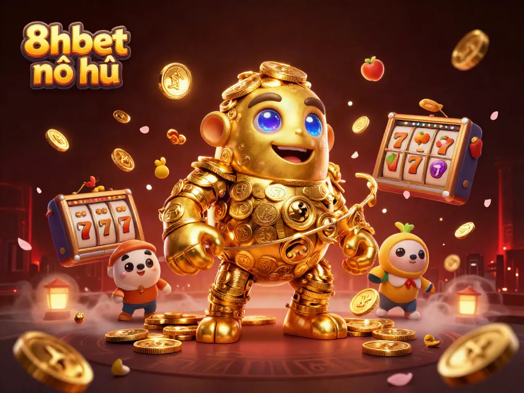 Experience thrilling wins with the 8xbet nổ hũ as the golem spins lucky slot reels amidst vibrant casino elements.