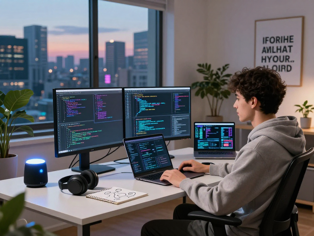 Dynamic tech workspace showcasing 18+ ai development with dual monitors and creative environment.
