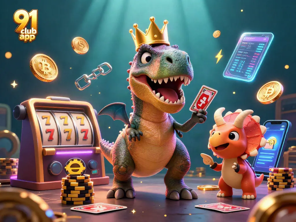 Engage with the 91 club app while cartoon characters shuffle cards and stack chips in a vibrant casino scene.