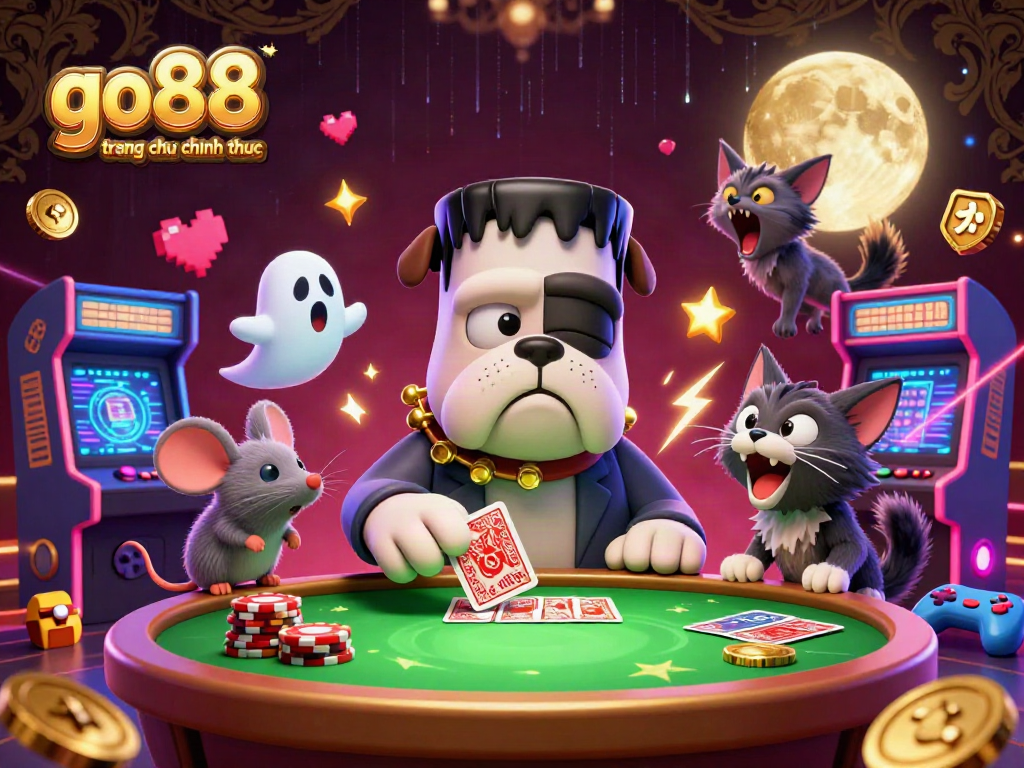 Play cards with go88 trang chu chinh thuc at a spooky casino table featuring cartoon characters.