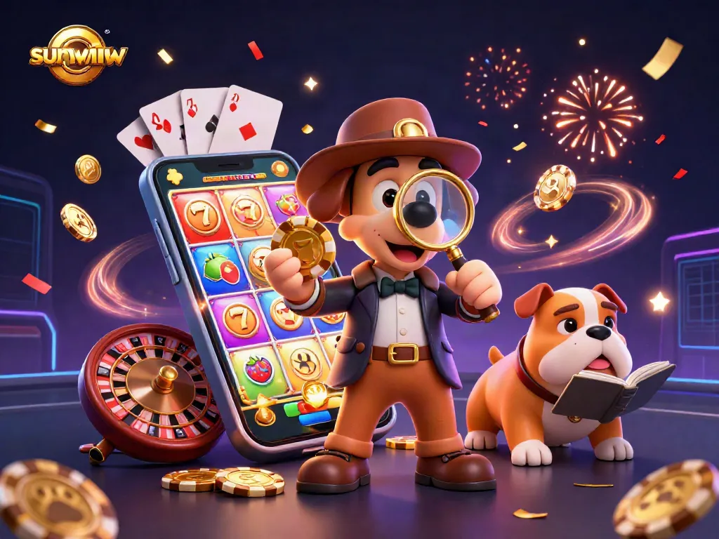 Engage with sunwinw as the detective unravels the golden poker chip mystery amid vibrant casino elements.