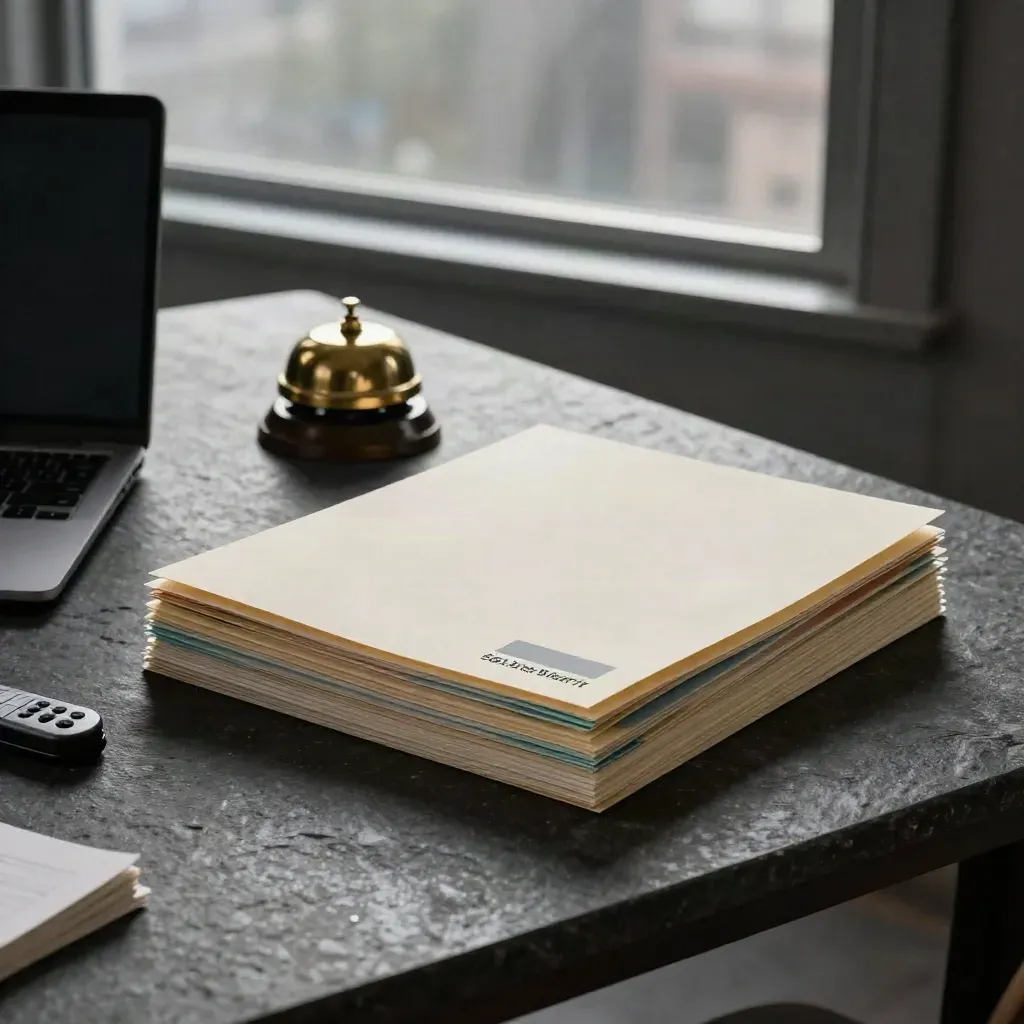 Rainy office still life with proposal folders, pricing blocks, laptop, brass bell and recorder puck.