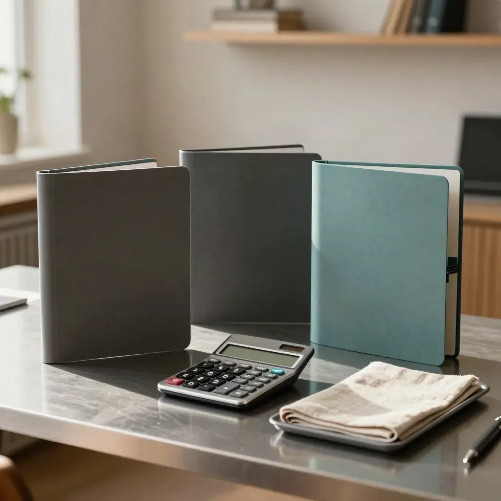 Blank pricing folders, calculator and linen blotter on a pewter workbench in soft studio light