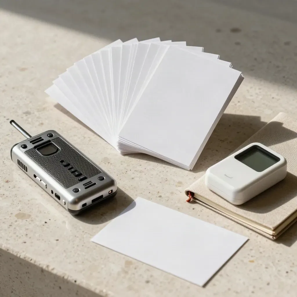 Fan of blank cue cards, recorder, notepad and timer on travertine, mid-motion in soft daylight.