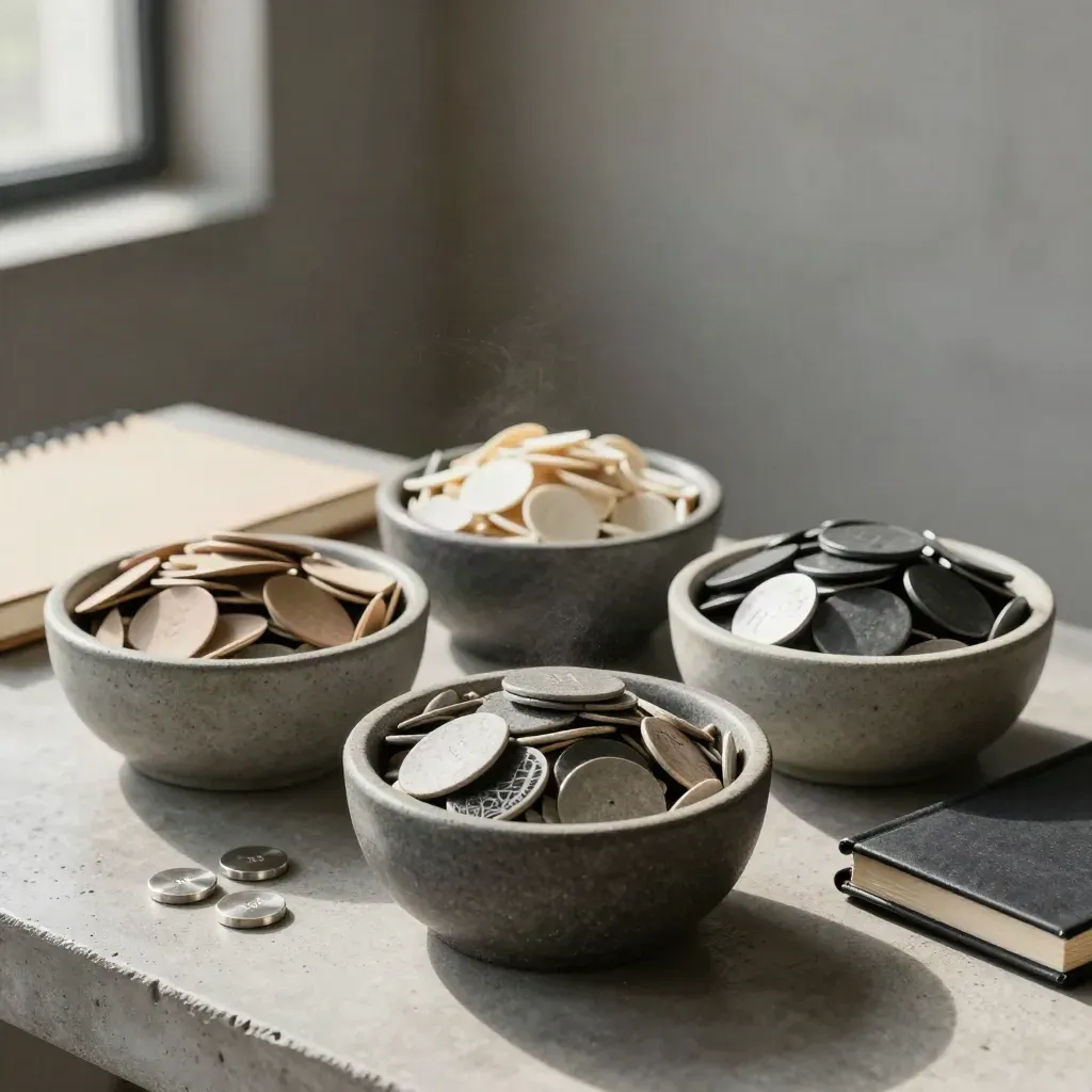 Lead qualification bowls with sorted chips and a closed funnel notebook on brushed concrete.