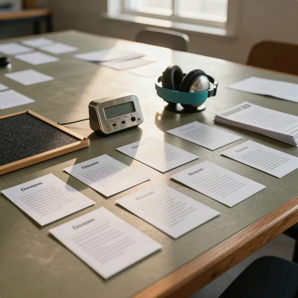 Sales training workshop tools beside a cork board on a dark workbench