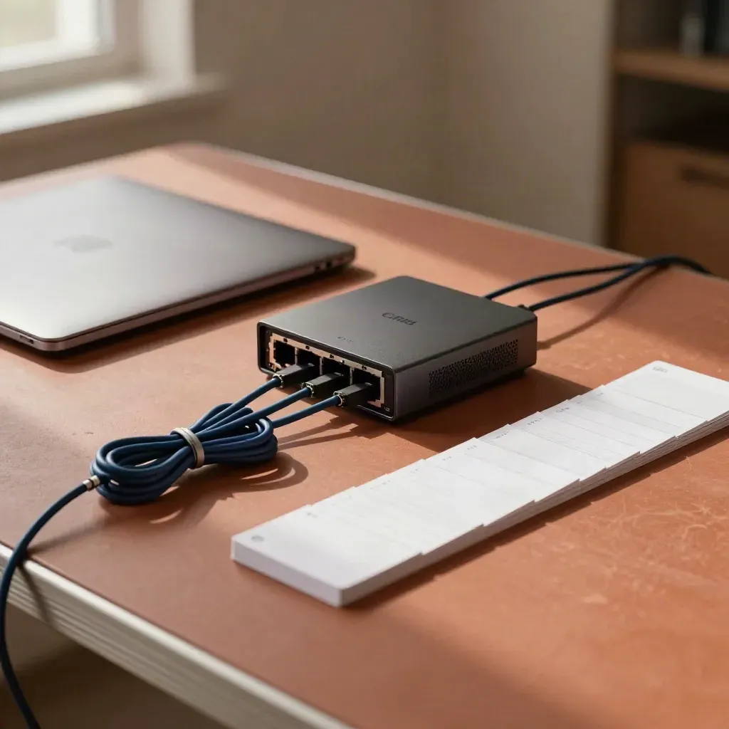 Closed laptop, network hub, coiled cables and blank stage cards on a terracotta work surface