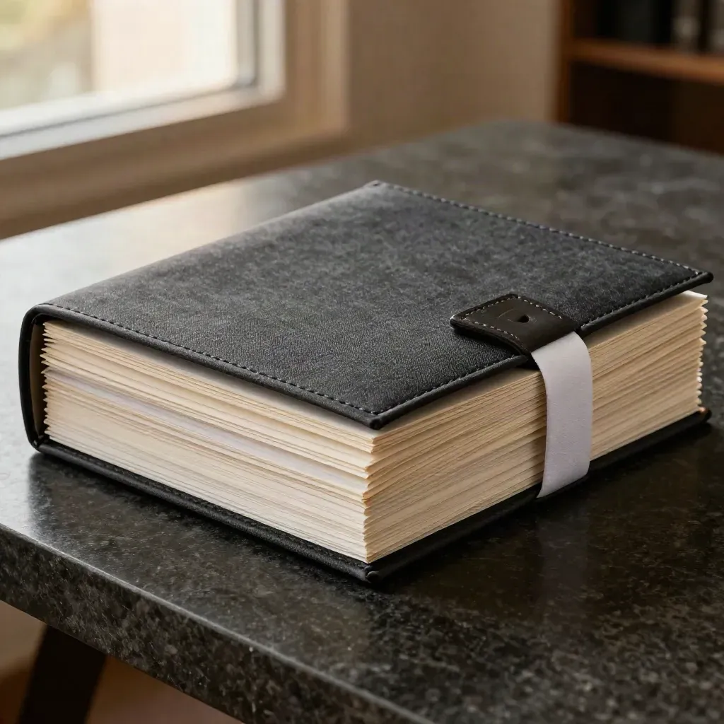 Premium consultancy proposal packs on dark stone, with one thinner tier removed in warm late-afternoon light.