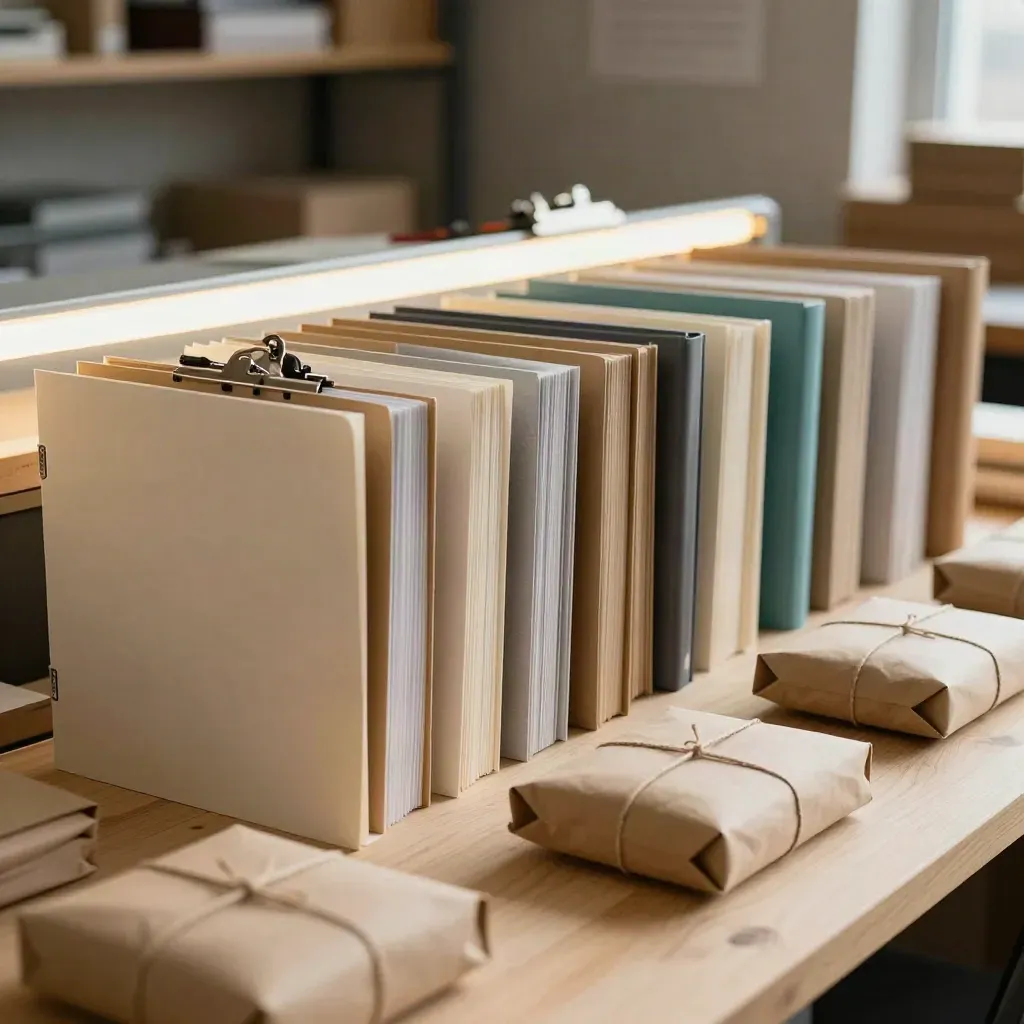 Closed quote folders and sealed job packs lined up on timber in a warm trades workspace