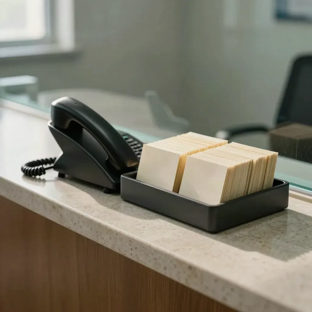 Clinic callback tray, cordless phone dock, and stacked appointment cards on a pale counter.