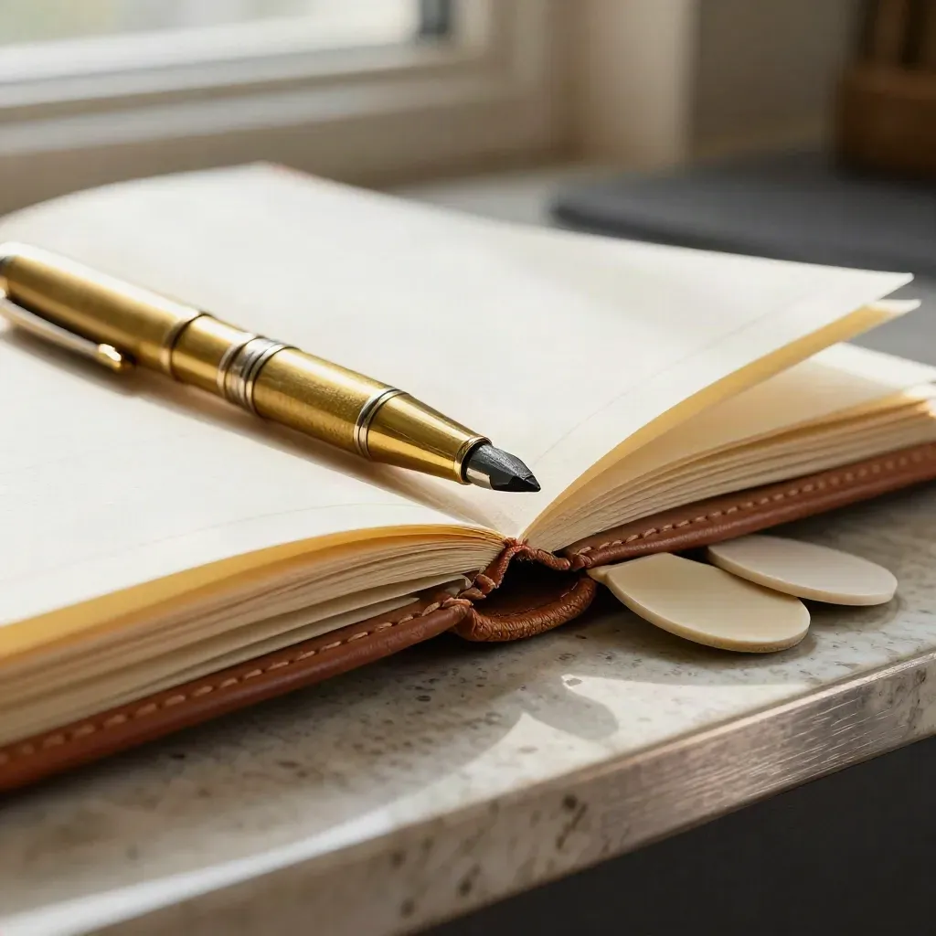 Macro still life of a leather strategy folio, brass pen and pricing chips on travertine.