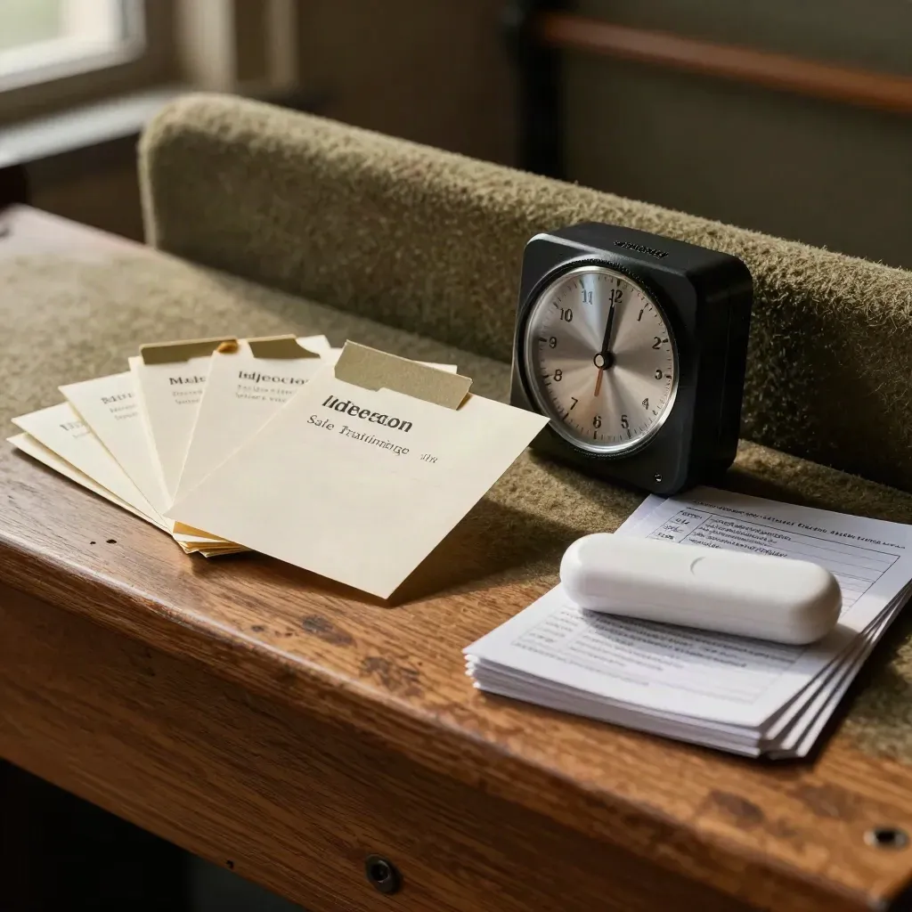 Close-up of sales training cue cards, timer, clicker and role-play deck on an olive felt bench.