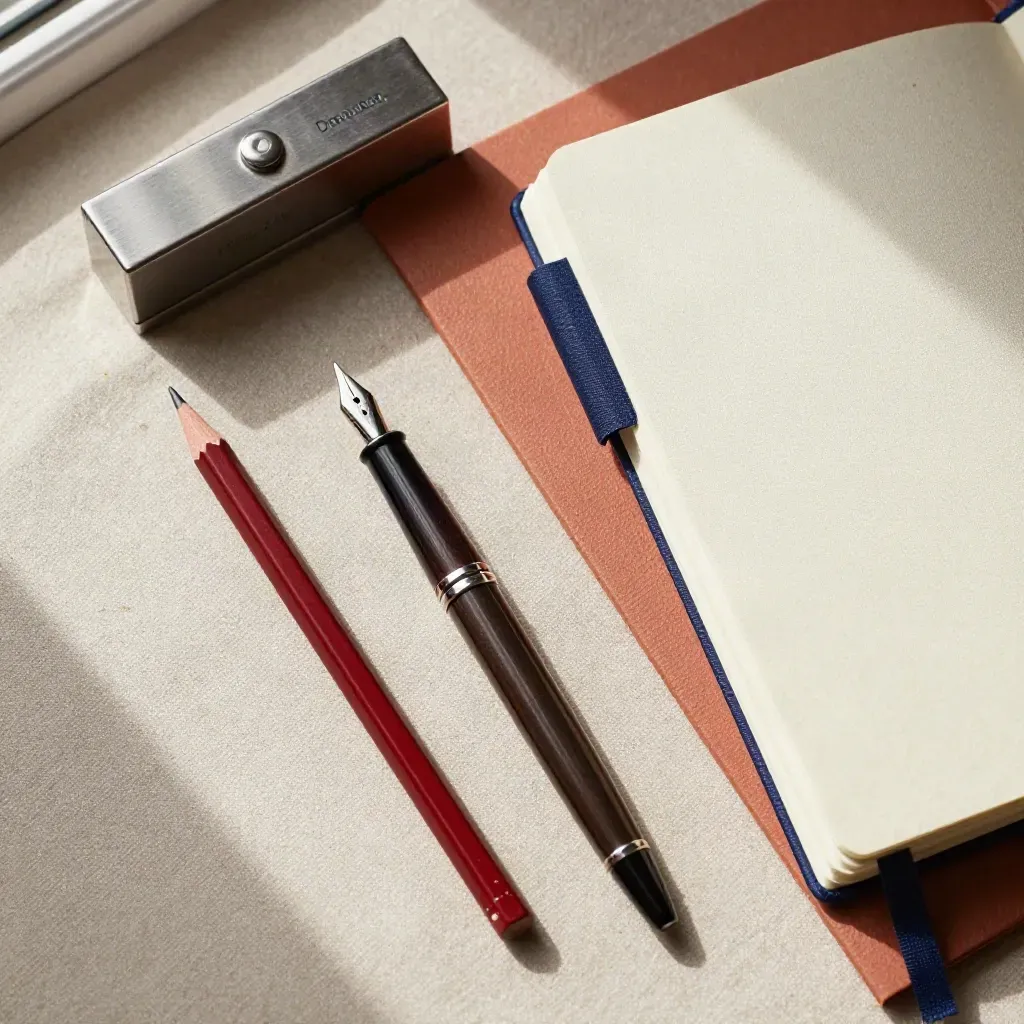 Top-down still life of editing tools on linen: red pencil, pen, paperweight, closed notebook.