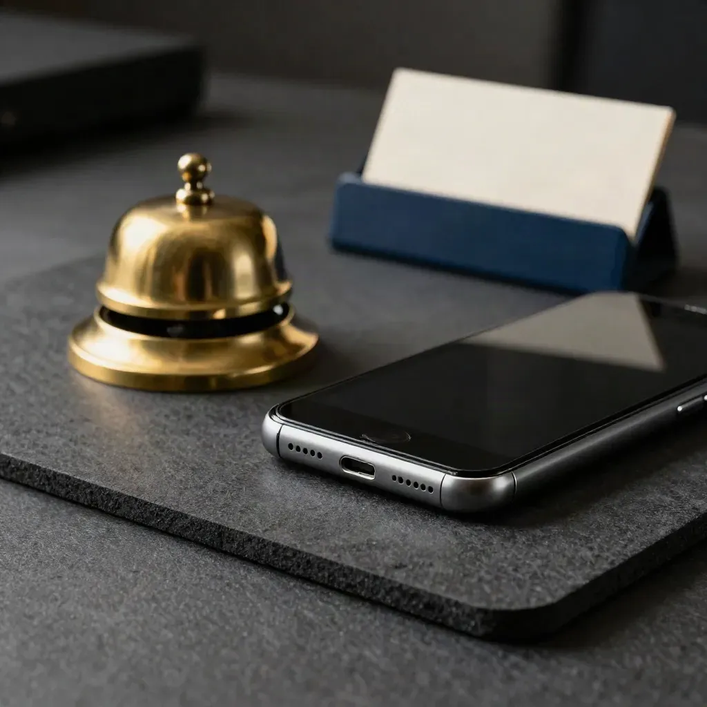 Face-down phone beside a brass bell and navy appointment card holder on a charcoal blotter.