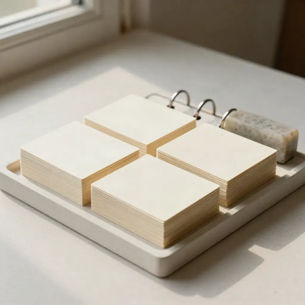 Blank audit cards, ring binder and stone paperweight in a shallow tray, softly lit from one side.