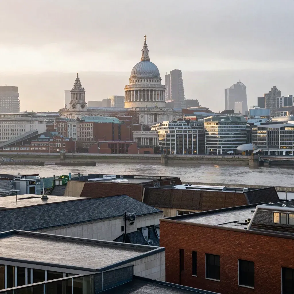 St Paul’s and the City skyline above a misty wet Thames at dawn