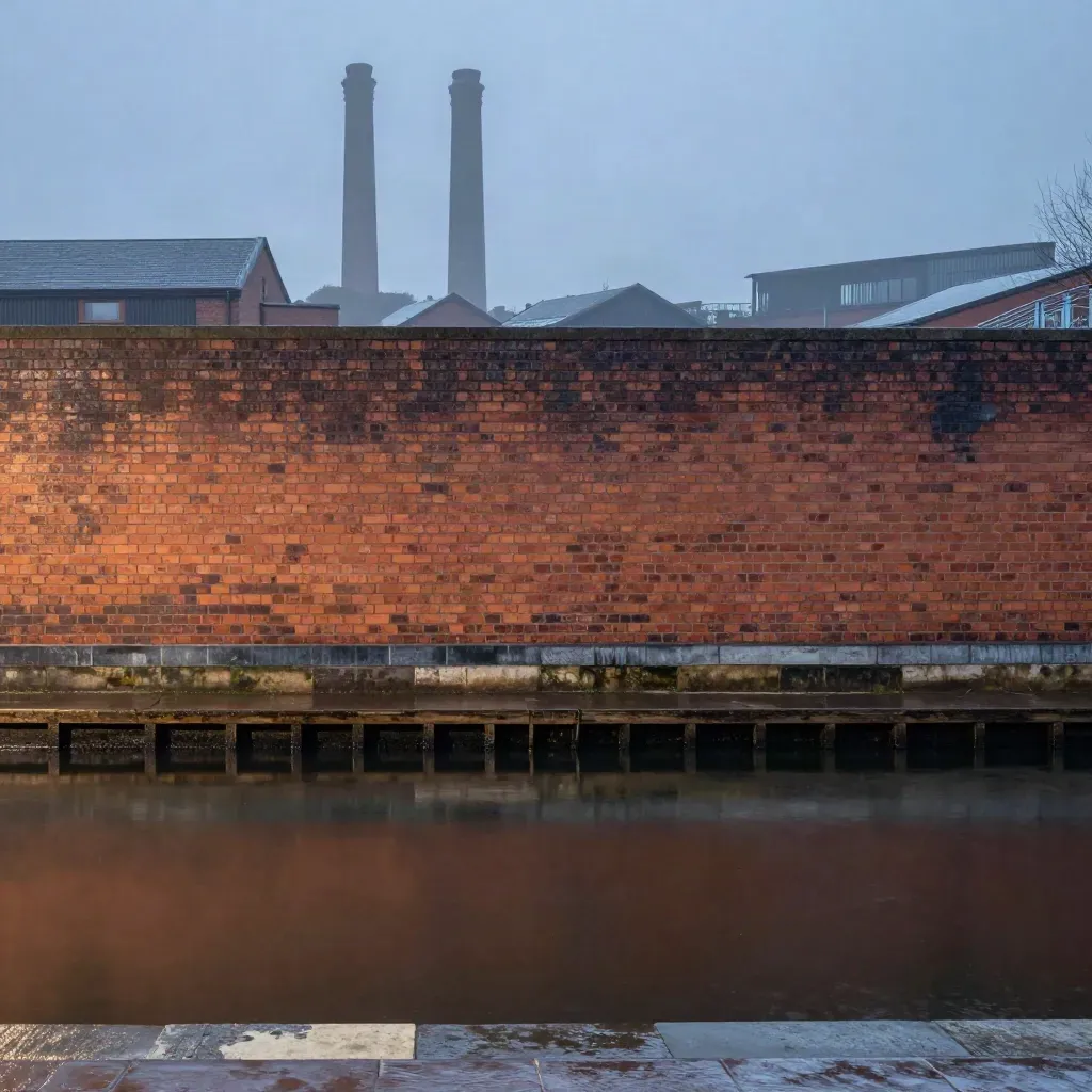 Rain-dark Birmingham canal brickwork and skyline in misty blue hour.