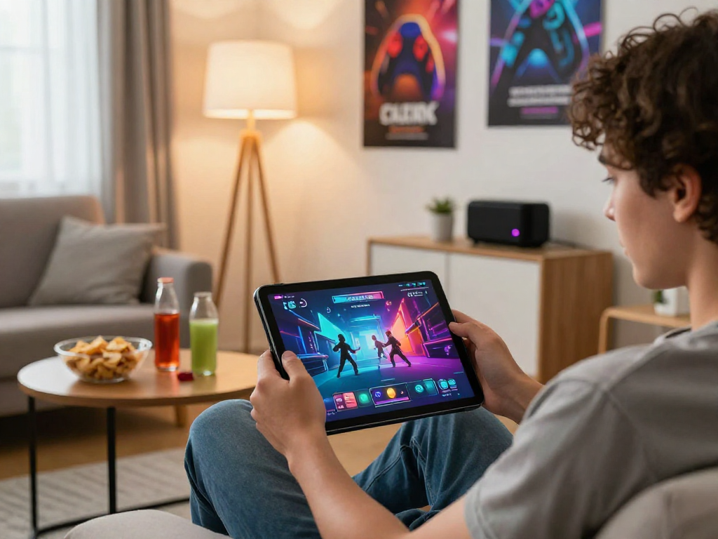 Engaging atmosphere with a person playing online porn games on a tablet in a cozy living room.