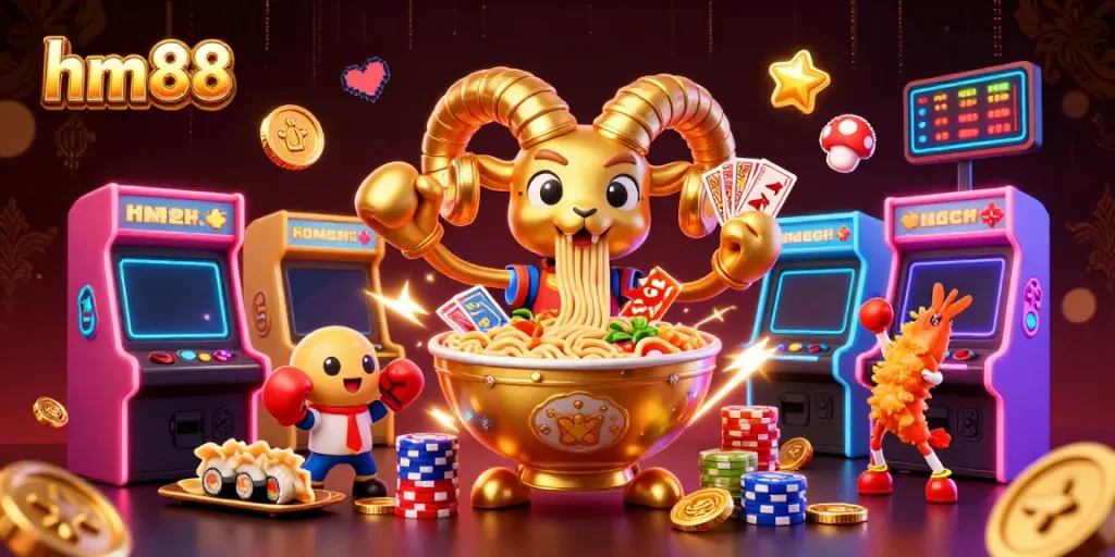 Engage in epic gaming at hm88 with a vibrant scene of cartoon characters dealing cards and stacking chips.