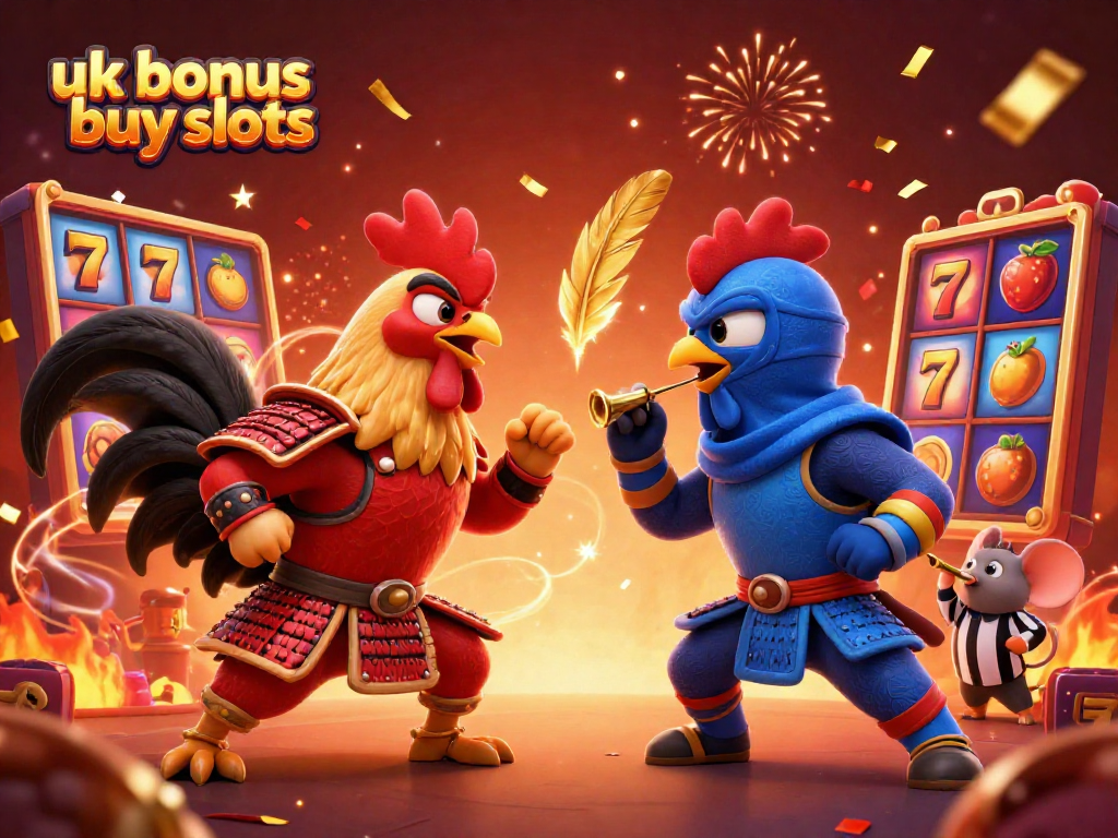 Engage with UK bonus buy slots featuring a dynamic showdown between roosters dressed as samurai and ninja amid vibrant slot elements.