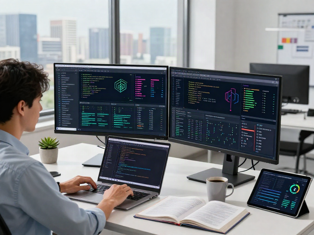 Dynamic tech workspace with juicy ai data analysis on monitors and vibrant atmosphere.