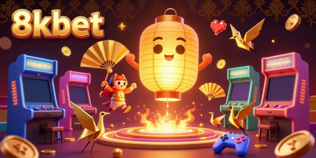 Immerse in gaming with 8xbet's glowing giant lantern spirit and vibrant casino scene.