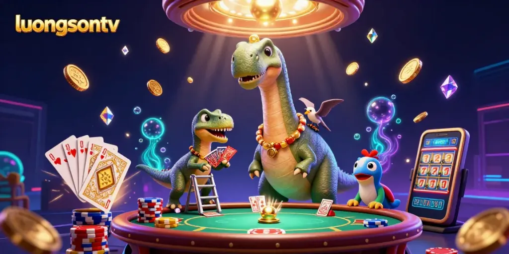luongsontv showcases a vibrant 3D casino scene with a brontosaurus and clever raptor interacting.