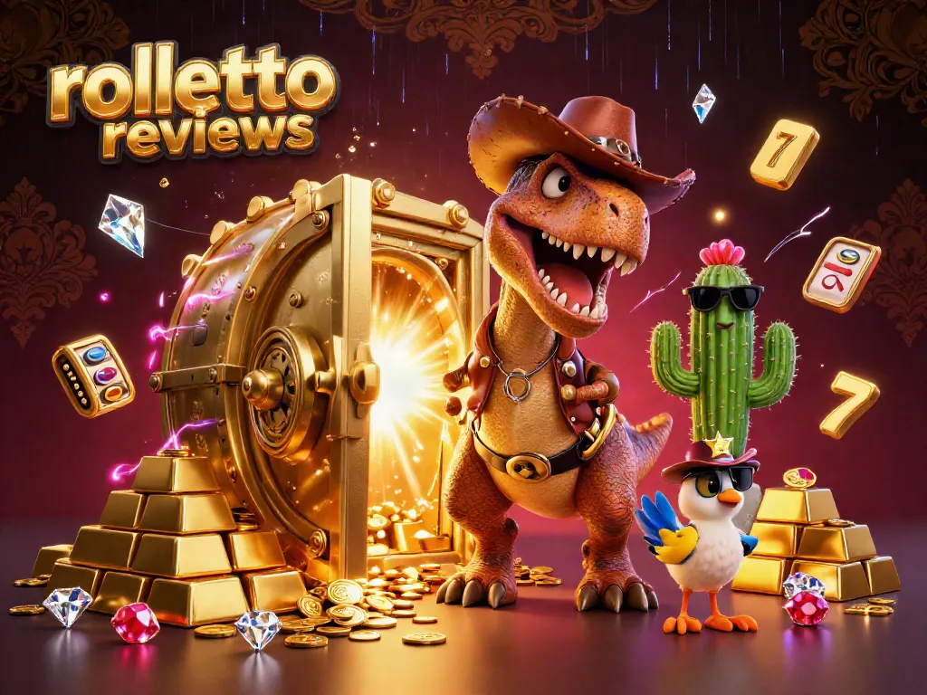 Engage with rolletto reviews showcasing a T-Rex cowboy amidst vibrant casino elements and treasures.