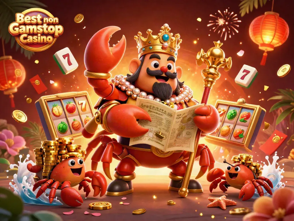 Experience the excitement at the Best non Gamstop Casino with a lavish scene featuring a golden crab emperor amidst vibrant casino elements.
