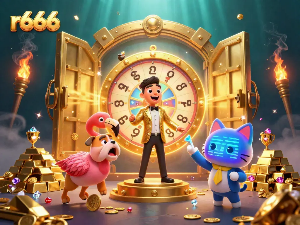Experience the excitement at r666 with a vibrant casino scene featuring game show hosts and prizes.