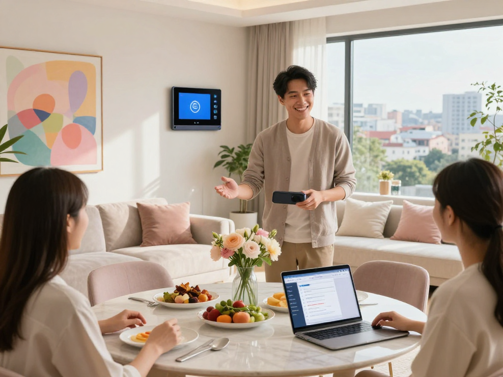 Stylish Airbnb host explaining how much does airbnb take from hosts with guests in a chic living room, vibrant and inviting atmosphere.