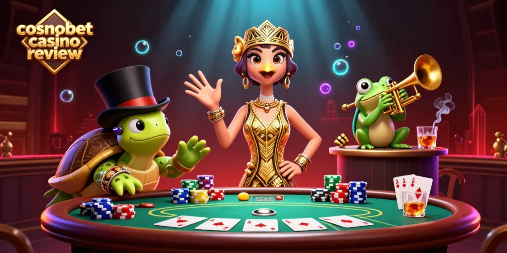 Experience thrilling gameplay with the vibrant 'cosmobet casino review' scene featuring animated characters and rich casino elements.