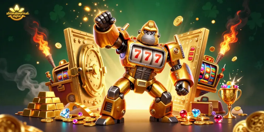 Engage with the vibrant world of ahimajournal-digital, featuring an explosive golden mech and slot machine elements.