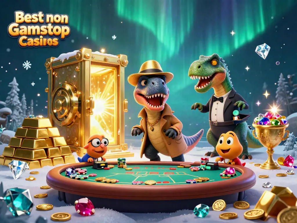 Experience the thrill of the Best non Gamstop Casinos with an imaginative casino scene in a vibrant, playful style.