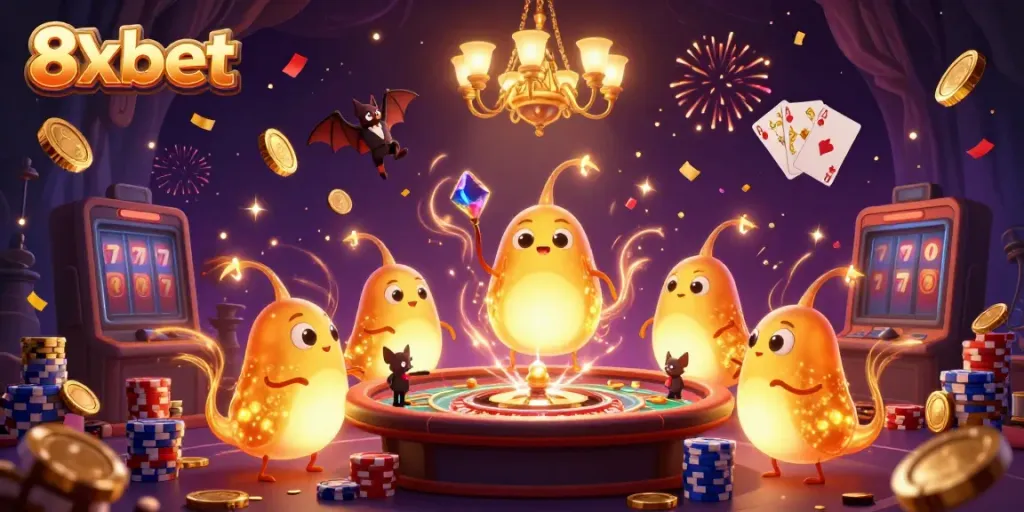 Experience the glowing charm of 8xbet's bioluminescent casino scene filled with excitement and winning moments.