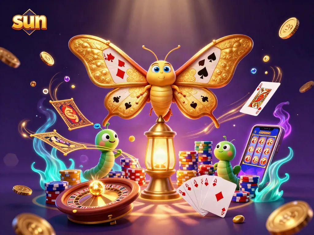 Spin to win with the sun-themed casino illustration of vibrant gaming elements and golden treasures.