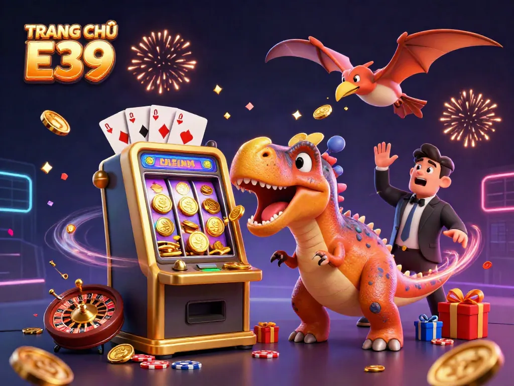 Experience the excitement of TRANG CHỦ E39 as a dinosaur wins jackpots with a slot machine, surrounded by vibrant casino elements.