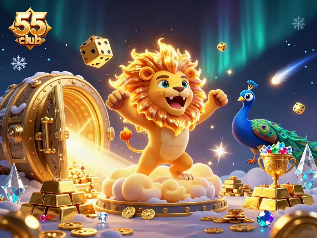 Experience the thrilling 55 club with a dynamic scene of vibrant characters and gold treasures.
