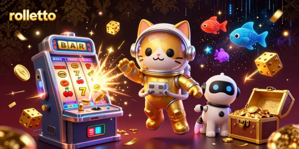 Experience rolletto's thrilling casino adventure with a cat in space, slot machines, and dynamic game elements.