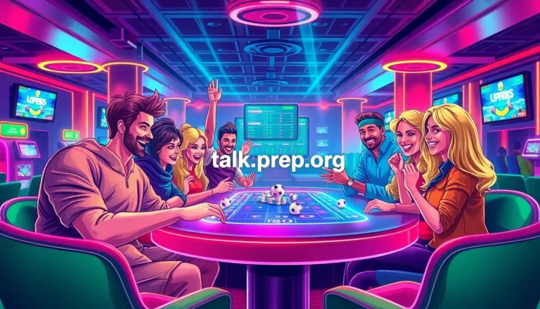Friends energetically engage with sports betting at https://talkprep.org/, surrounded by vibrant casino atmosphere.